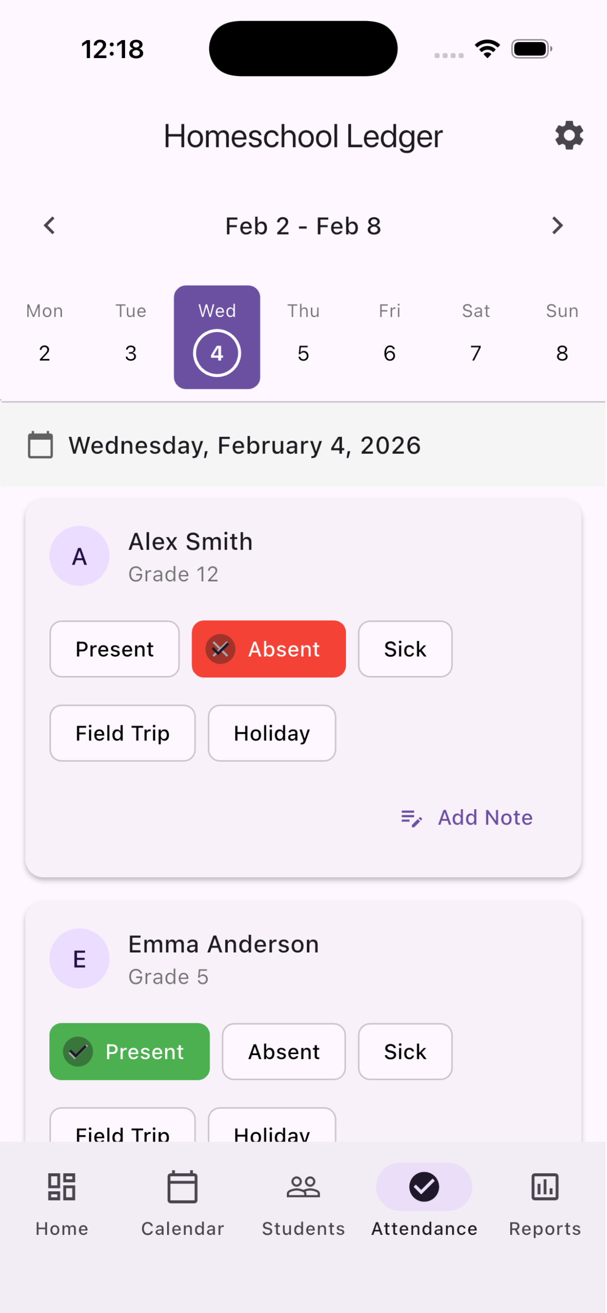 Attendance screen for Wednesday February 4, 2026 showing Alex Smith (Grade 12) marked Absent and Emma Anderson (Grade 5) marked Present with full status options for each student