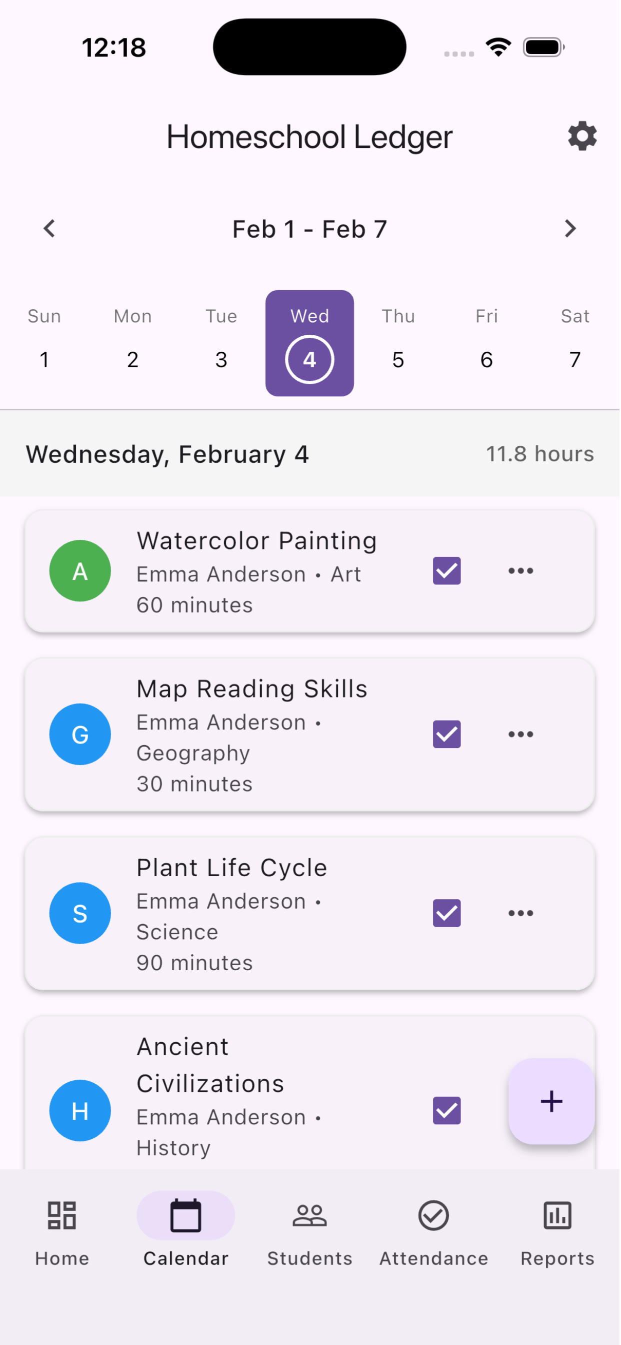 Calendar view for Wednesday February 4 showing 11.8 hours total with lessons including Watercolor Painting (Art), Map Reading Skills (Geography), Plant Life Cycle (Science), and Ancient Civilizations (History)