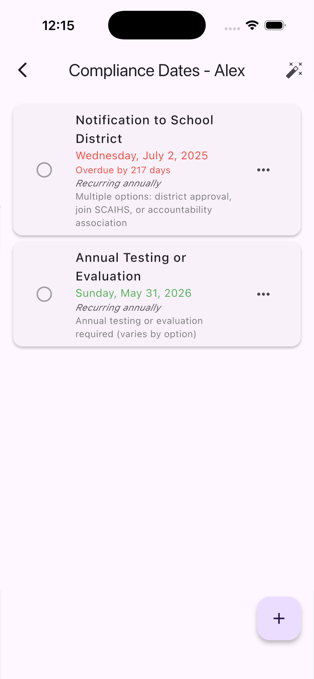 Compliance dates for Alex showing Notification to School District due July 2, 2025 (overdue by 217 days) and Annual Testing or Evaluation due May 31, 2026