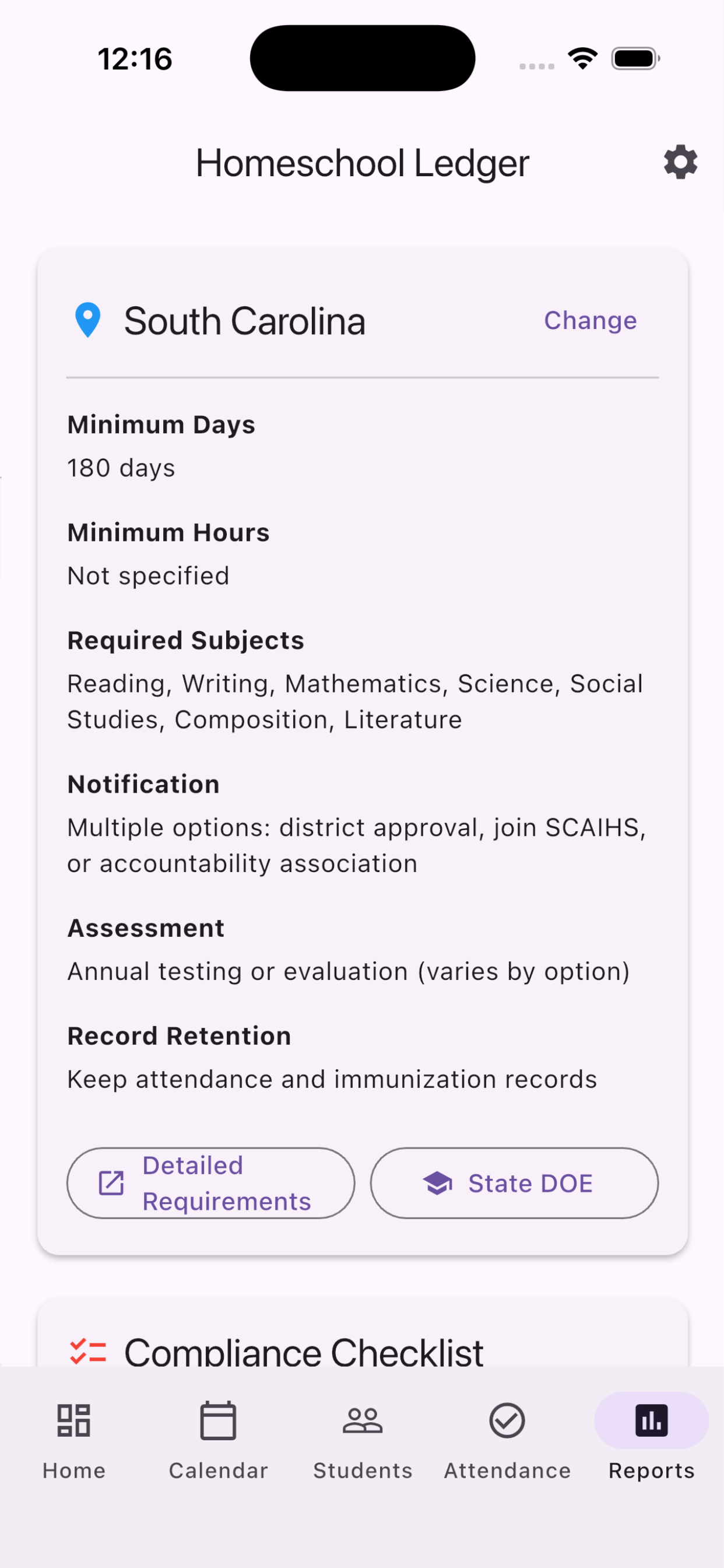South Carolina compliance screen showing 180 minimum days, required subjects (Reading, Writing, Mathematics, Science, Social Studies, Composition, Literature), notification options, and assessment requirements