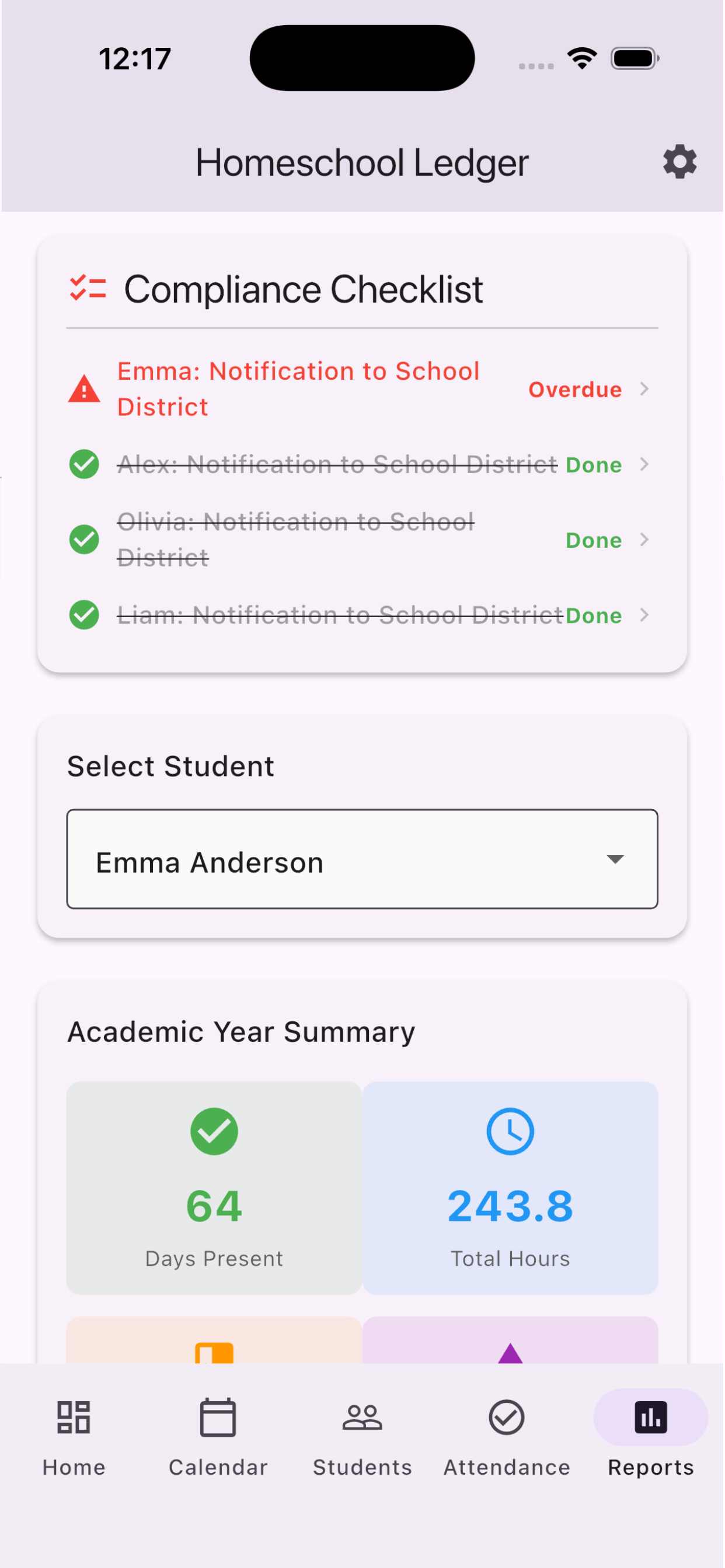 Compliance summary showing Compliance Checklist with Emma notification overdue, and Academic Year Summary showing 64 days present and 243.8 total hours for selected student
