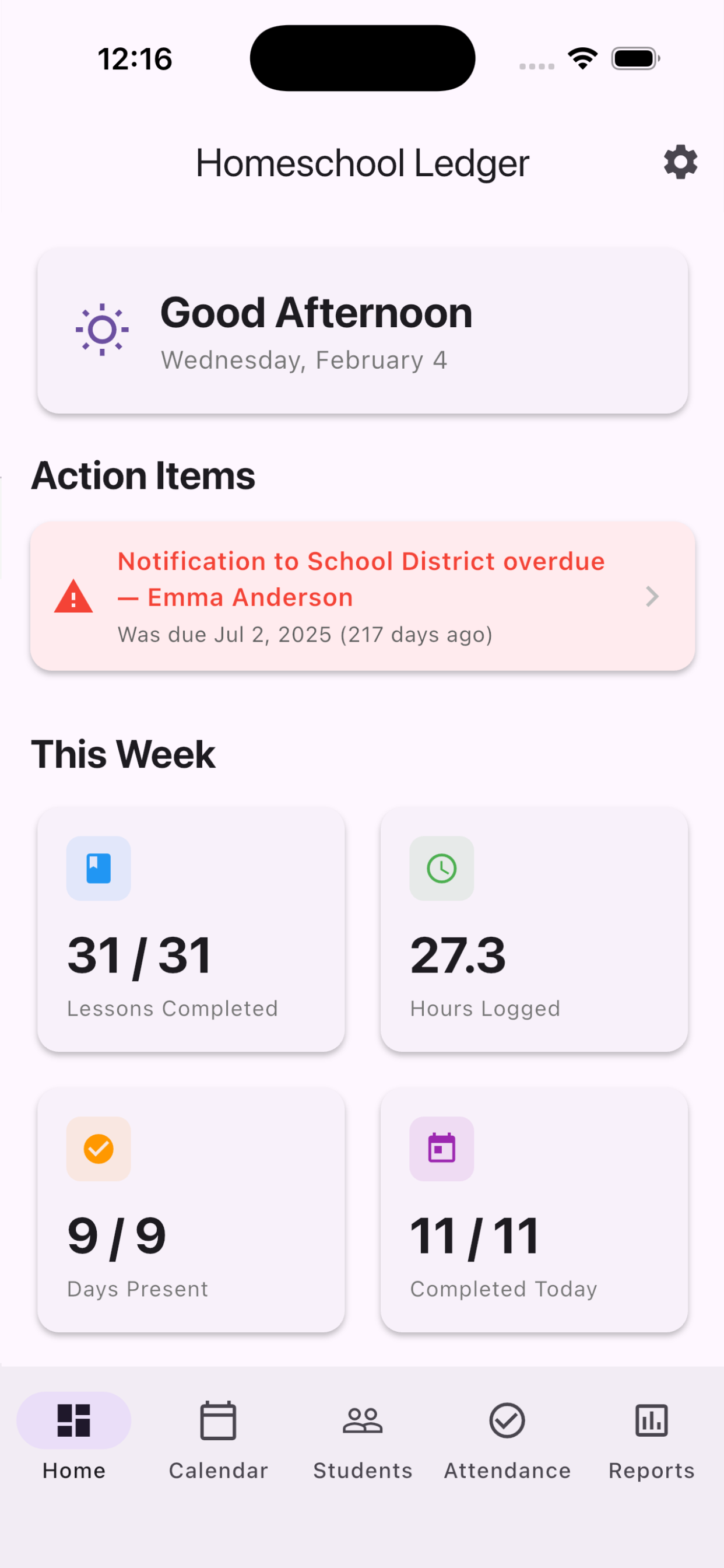 Homeschool Ledger dashboard showing lessons completed, hours logged, days present, and compliance alerts