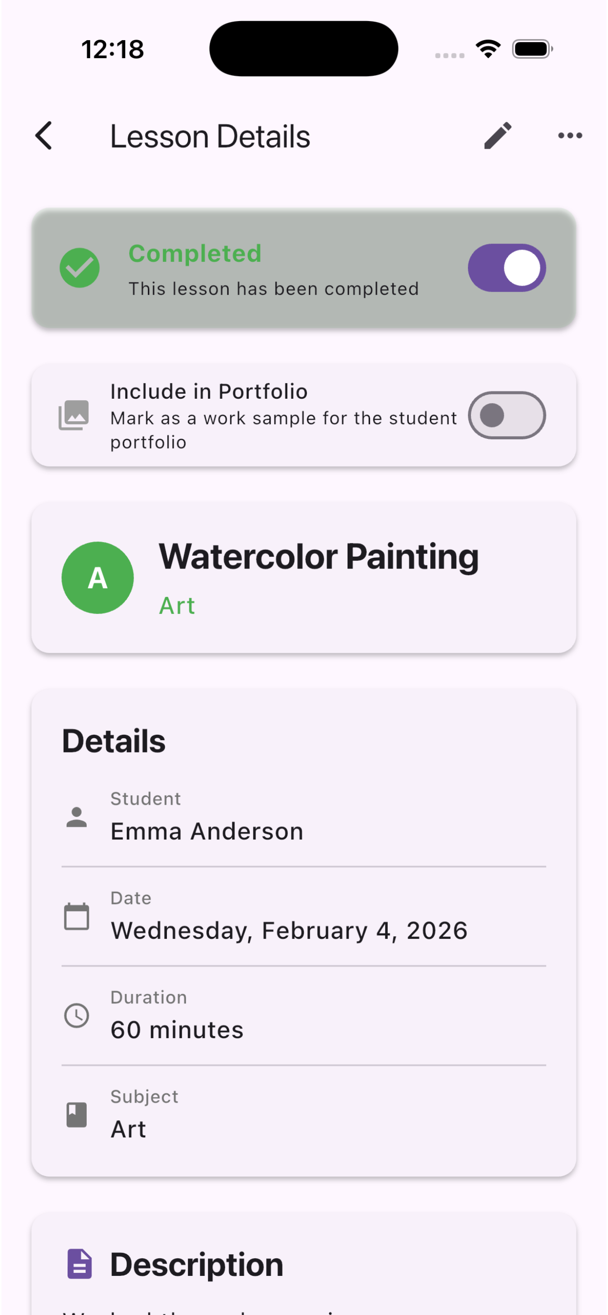 Lesson details for Watercolor Painting — Art lesson for Emma Anderson on February 4, 2026, 60 minutes, marked Completed with Include in Portfolio toggle