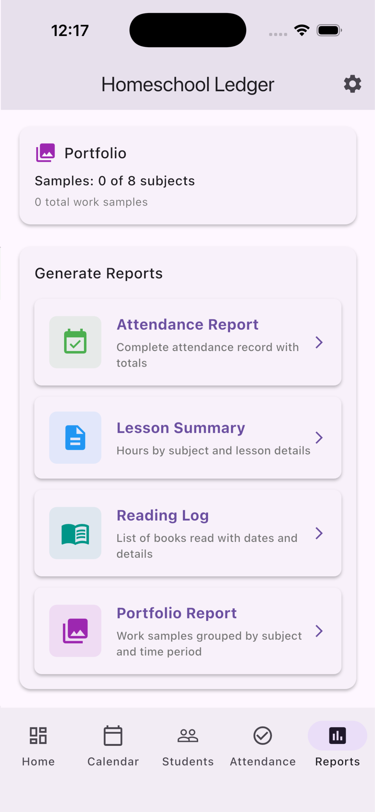 Reports screen showing Portfolio summary (0 of 8 subjects), and four report options: Attendance Report, Lesson Summary, Reading Log, and Portfolio Report