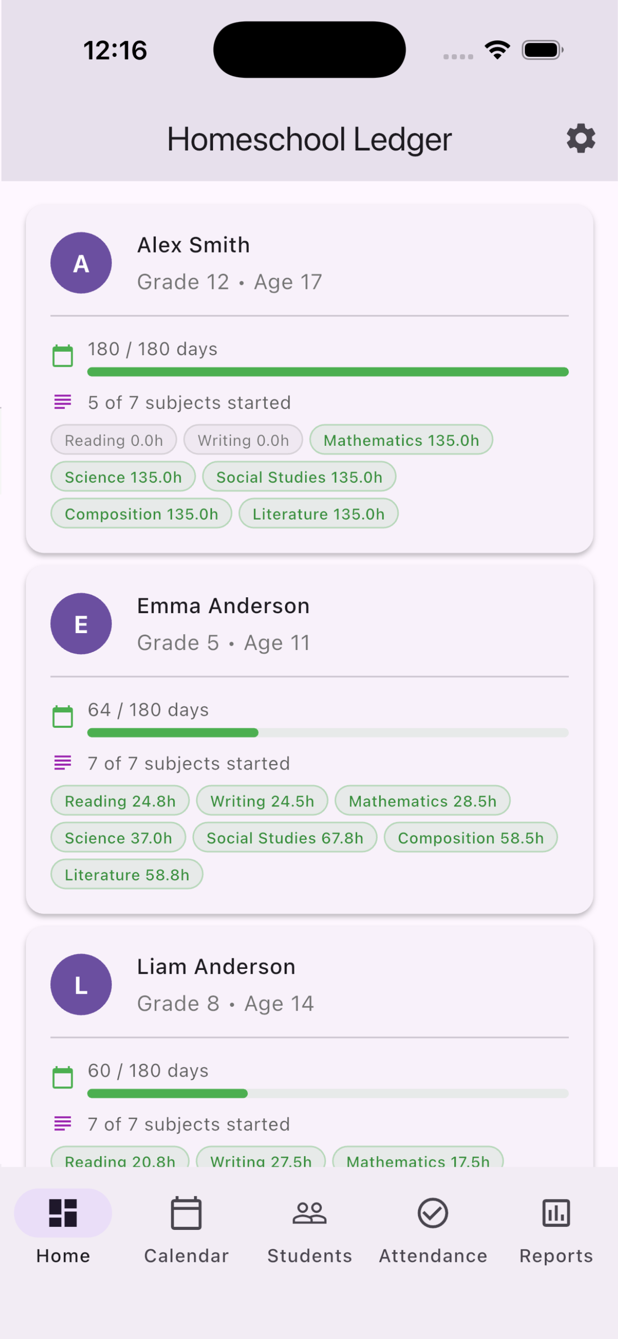 Students overview showing Alex Smith (Grade 12), Emma Anderson (Grade 5), and Liam Anderson (Grade 8) with days logged progress bars and hours per subject