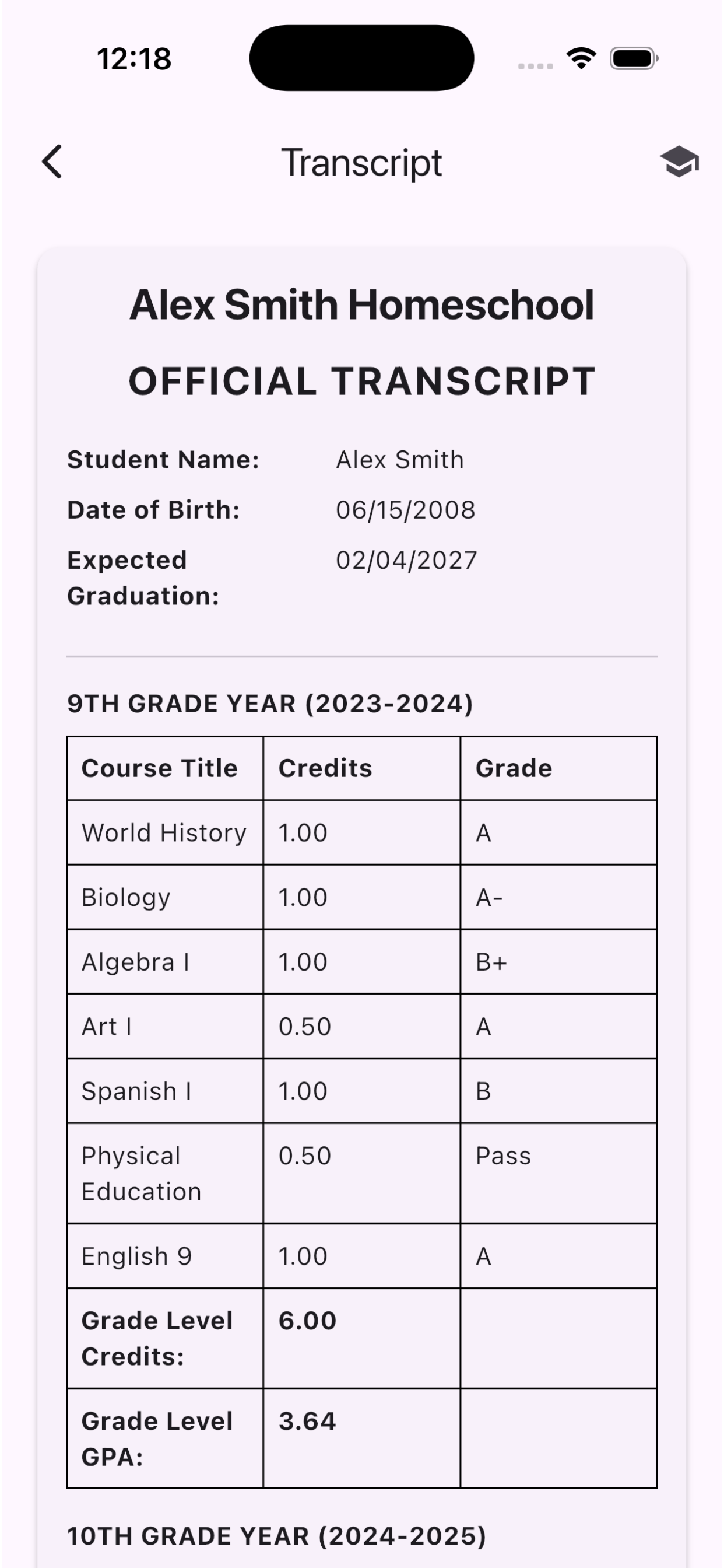 Official transcript for Alex Smith Homeschool showing 9th grade year (2023-2024) with courses: World History (1.00 cr, A), Biology (1.00 cr, A-), Algebra I (1.00 cr, B+), Art I (0.50 cr, A), Spanish I (1.00 cr, B), Physical Education (0.50 cr, Pass), English 9 (1.00 cr, A) — 6.00 total credits, 3.64 GPA